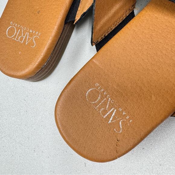 Franco Sarto Black Leather Sandals Womens 7 Flats Beachy Casual Slip On Strappy - Picture 2 of 6